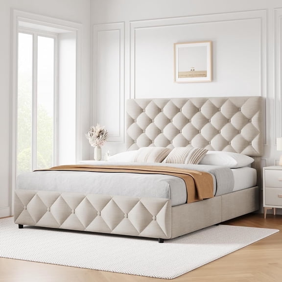 Garvee Full Size Bed Frame, with 4 Storage Drawers & Adjustable Headboard, White