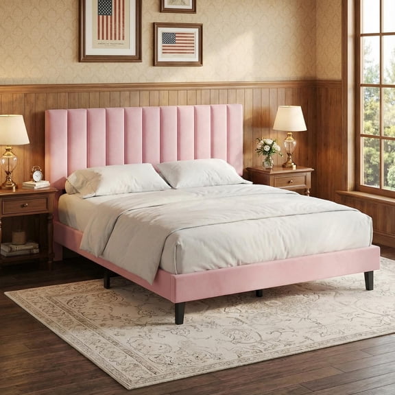 Garvee Full Size Bed Frame, Velvet Upholstered Platform Bed with Adjustable Tufted Headboard, No Box Spring Needed, Easy Assembly, Pink