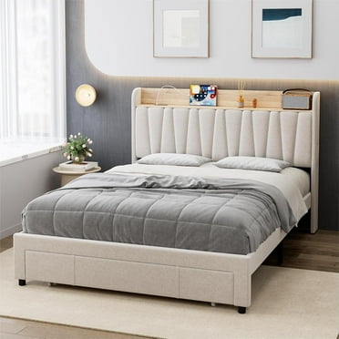 Garvee Full Size Bed Frame with Drawer, Upholstered Platform Bed with Storage Headboard, Charging Station & Wooden Slats, No Box Spring Needed, Beige