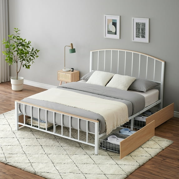 Garvee Full Size Platform Bed Frame with 4 Storage Drawers on Wheels Queen Platform Bed Frame with Headboard and Footboard, Mattress Foundation with Metal Slats Support, No Box Spring Needed