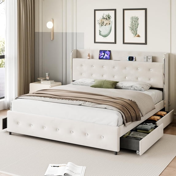 Garvee Full Bed Frame with 4 Storage Drawers & Charging Station, Velvet Upholstered Platform Bed Frame with Storage Headboard, No Box Spring Needed, 1000lbs Support, Beige
