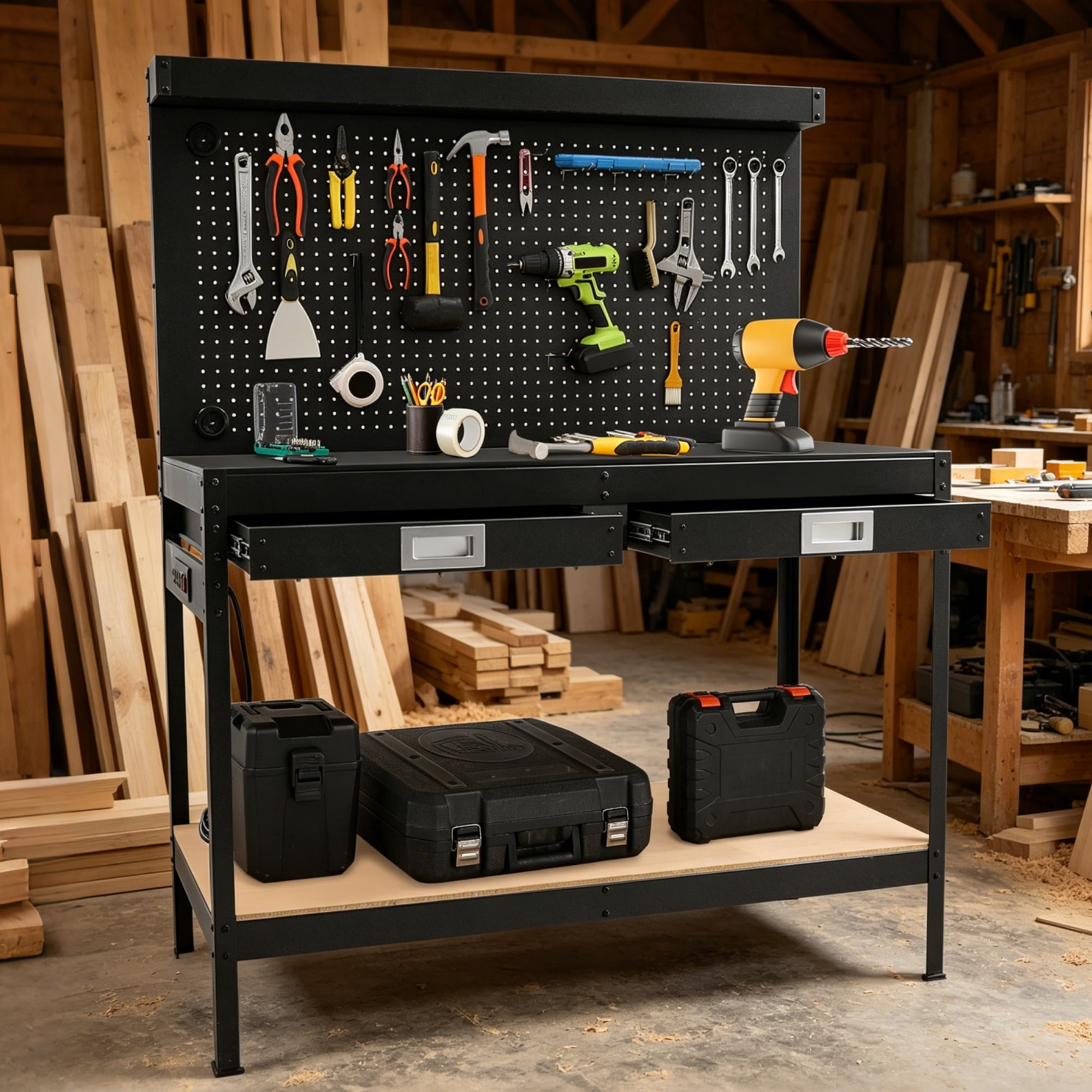 leinwände パッチワークベスト新品　完売ブラック Garvee Garage Workbench, 2-Tier Heavy Duty Work Bench with Drawers