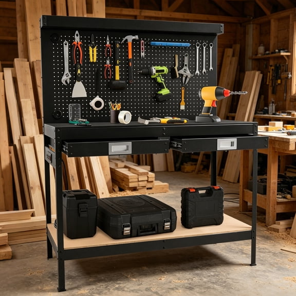 Garvee Garage Workbench, 2-Tier Heavy Duty Work Bench with Drawers, Pegboard & Power Outlet for Auto Repairs, Woodworking, Black