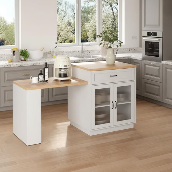 Garvee Garvee 73 Inch Kitchen Island Cabinet with Extendable Table for 2-6, Rolling Cart with Drawer, Mobile Storage Cabinet, and Power Outlet