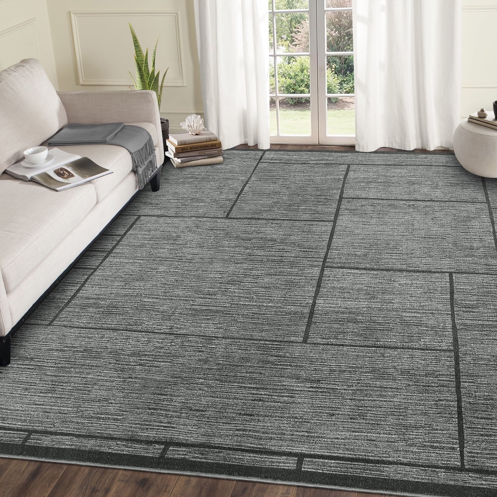 Garvee 8'x10' Modern Geometric Area Rug Solid Rug Living Room Rug, Washable Rug Non-Slip Low Pile Indoor Carpet for Bedroom Dining Room, Dark Gray