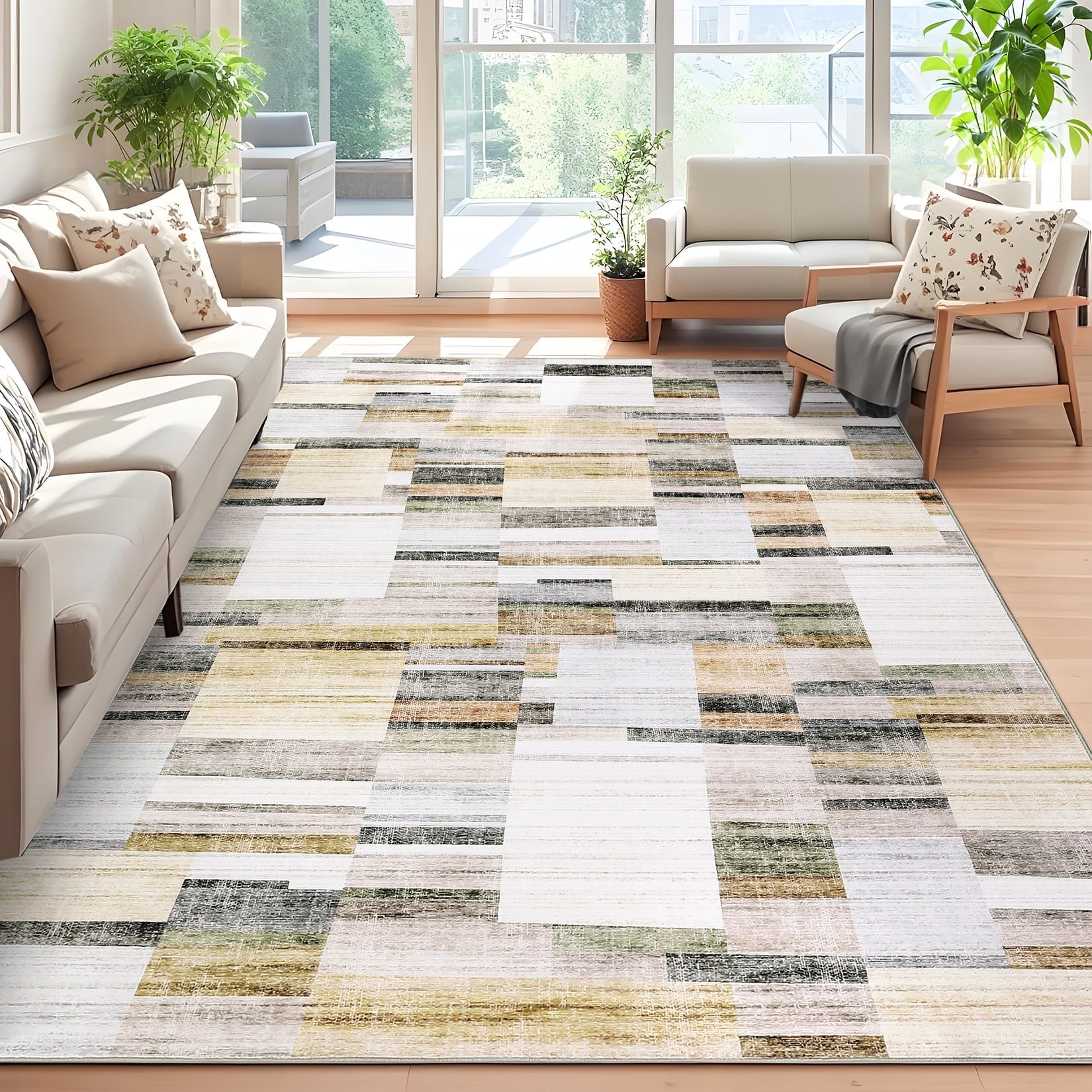 Garvee Geometric Area Rug 9x12 Modern Washable Rug for Living Room, Non-Slip Stain Resistant Indoor Carpet for Bedroom Dining Room Office, Khaki