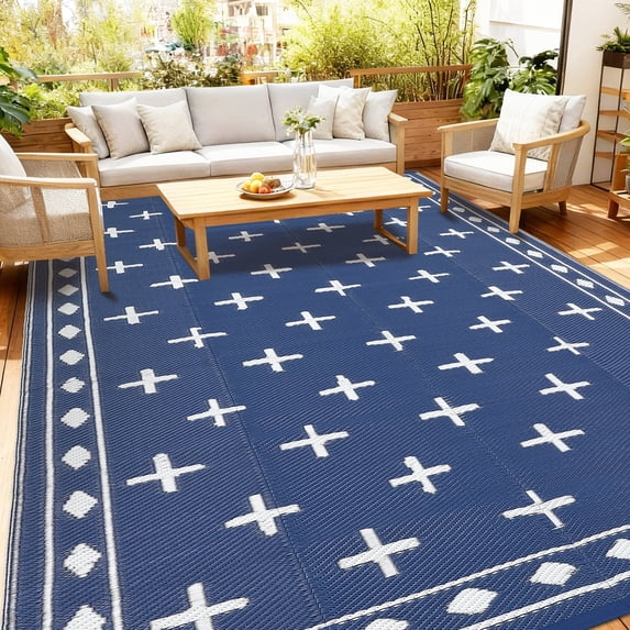Geometric Outdoor Rug 9x12, Reversible Waterproof Plastic Straw Area Mat for Patio, RV Awning, Garden, Deck, Balcony, Camping and Beach,Dark Blue