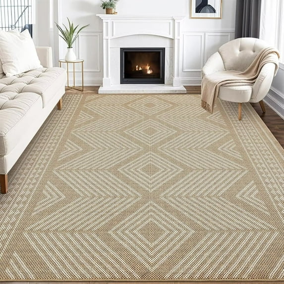 Garvee Geometric Rug 8'x10' Machine Washable Farmhouse Area Rug Soft Foldable Accent Rugs for Dining Room Home Office, Camel
