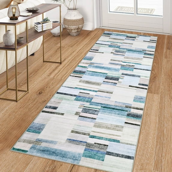 Garvee Geometric Runner Rug 2x6 Modern Washable Rug for Bedroom, Non-Slip Stain Resistant Indoor Carpet for Hallway Entryway Laundry Room, Blue