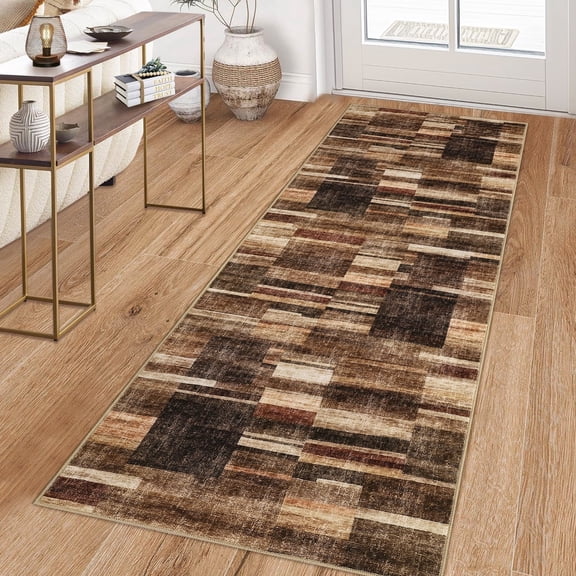 Garvee Geometric Runner Rug 2x6 Modern Washable Rug for Bedroom, Non-Slip Stain Resistant Indoor Carpet for Hallway Entryway Laundry Room, Brown