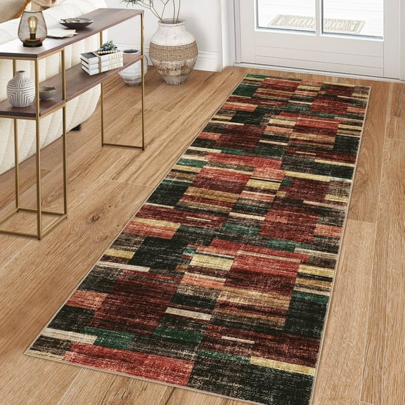 Garvee Geometric Runner Rug 2x6 Modern Washable Rug for Bedroom, Non-Slip Stain Resistant Indoor Carpet for Hallway Entryway Laundry Room, Red