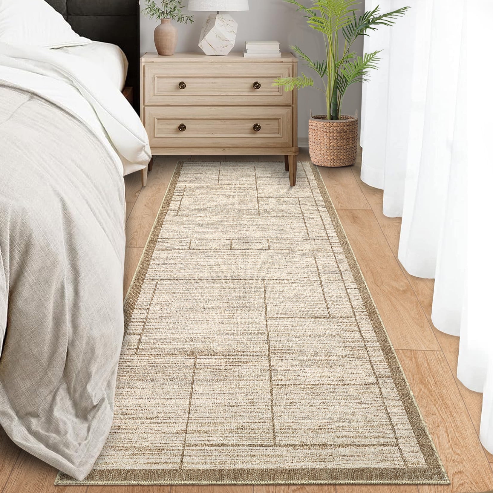 Garvee 2'x6' Modern Geometric Runner Rug Solid Rug, Washable Rug Non-Slip Low Pile Indoor Carpet for Hallway Bedroom Kitchen, Beige