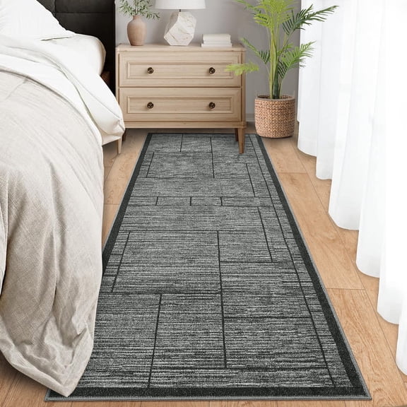 Garvee 2'x6' Modern Geometric Runner Rug Solid Rug, Washable Rug Non-Slip Low Pile Indoor Carpet for Hallway Bedroom Kitchen, Dark Gray