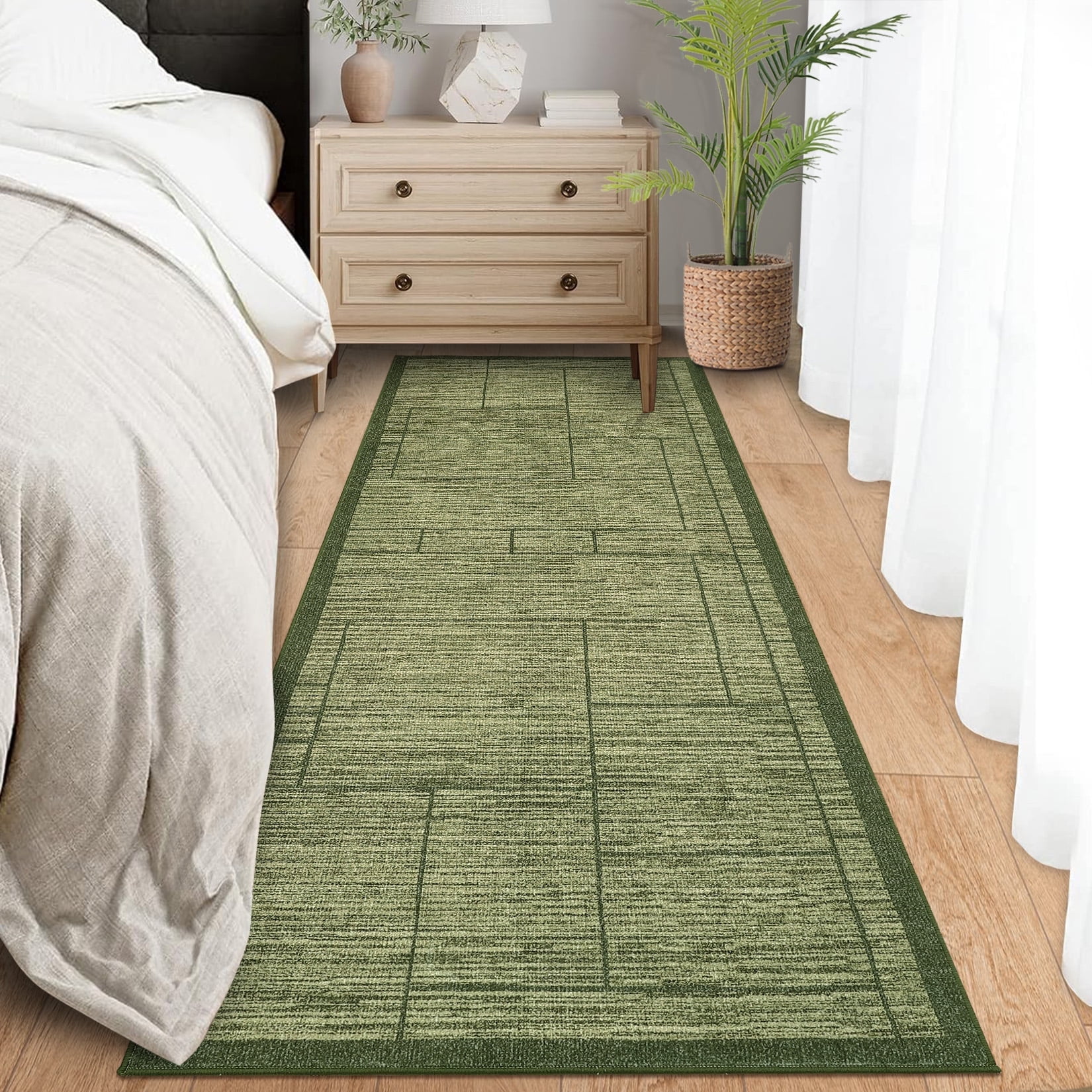 Garvee 2'x6' Modern Geometric Runner Rug Solid Rug, Washable Rug Non-Slip Low Pile Indoor Carpet for Hallway Bedroom Kitchen, Green