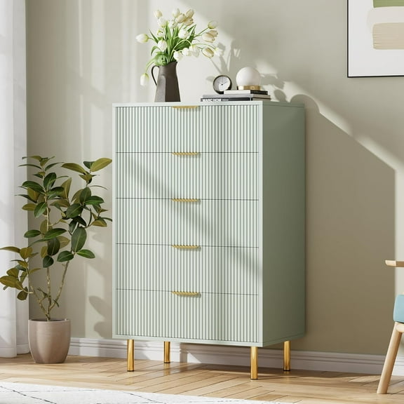 Garvee Green Dresser, Modern 5 Drawer Dresser for Bedroom with Gold Handle and Large Drawer, Wood Double Chest of Drawers and Storage Organizer for Living Room, Hallway, Entryway