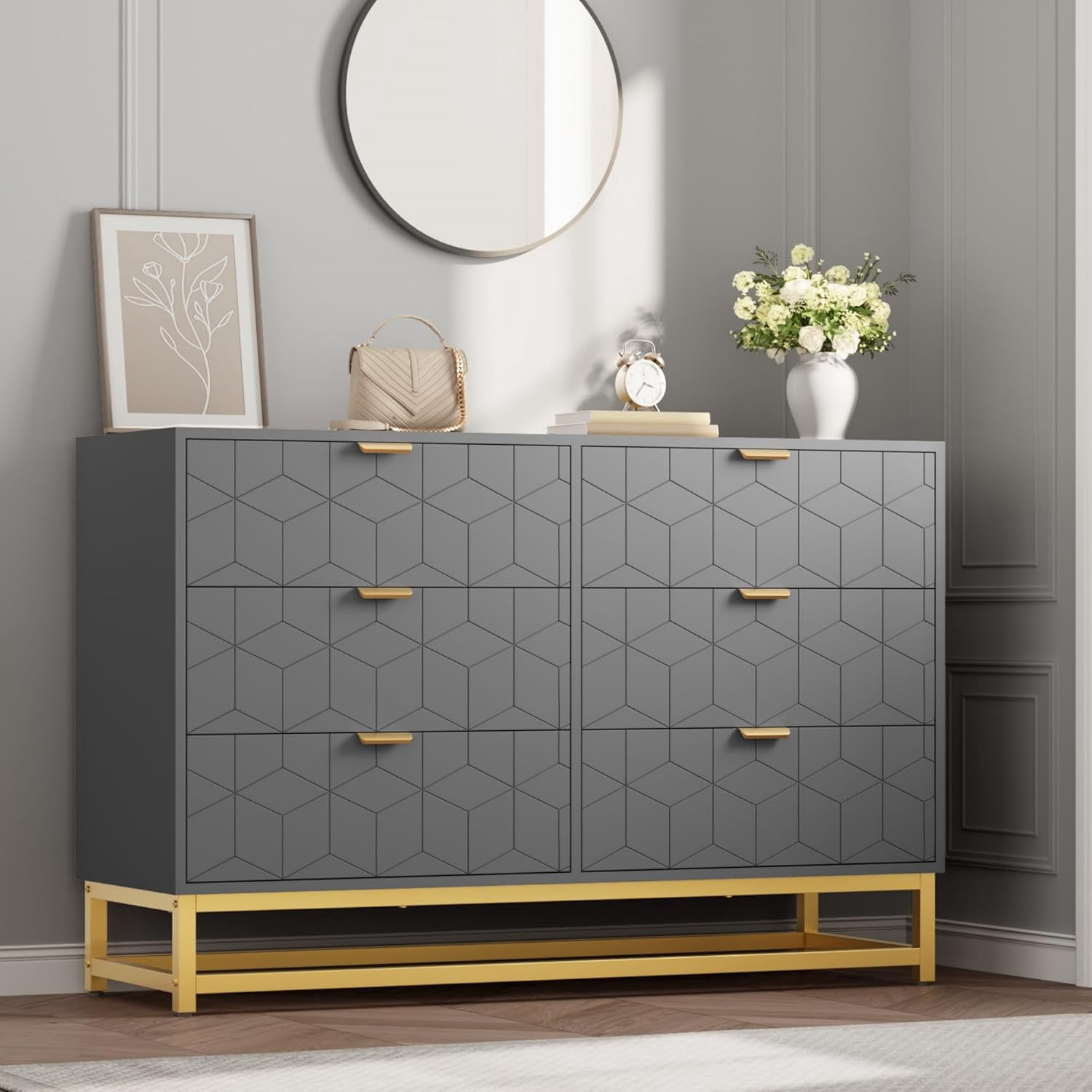 Garvee Grey Dresser for Bedroom,Modern 6 Drawer Double Dresser with Gold  Handles,Long Storage Organizer for TV Stand & Closet,Large Chest of Drawers  ...