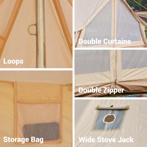 Garvee Heavy Duty 4 Season Canvas Bell Tent with Stove Jack - Glamping Yurt Shelter for Camping, Family, Tracking, Party - Removable Floor, Mesh Windows, PVC Base - Beige, 300cm x 300cm x 200cm