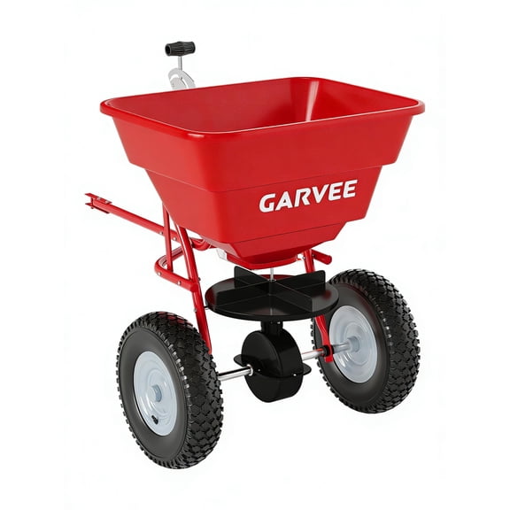 Garvee Heavy Duty 85 lbs Tow-Behind Broadcast Spreader for Lawn Garden, 10" Pneumatic Tires Adjustable Stream Control for Seed Fertilizer Salt Ice Melt – Red