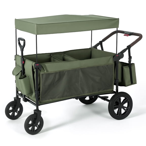 Garvee Heavy Duty Folding Wagon Cart with Storage Bag - Collapsible Utility Wagon with Steel & Aluminum Frame, All-Terrain Wheels, 3-Cross Fold Rear Opening, Portable Outdoor Cart for Camping, Green