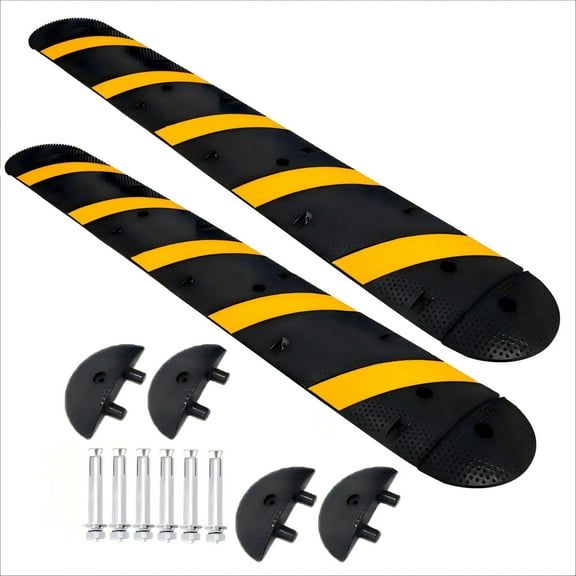 Garvee Heavy Duty Speed Bumps for Driveway, 84" 2 Pack Rubber Speed Bumps, 2 Channel Modular Traffic Speed Bump Hump Cable Protector Ramps with 6 Bolt Spikes and 4 end caps