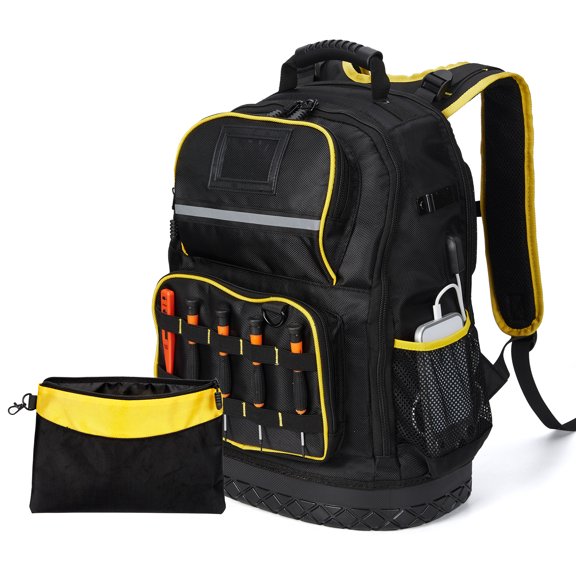 Garvee Heavy Duty Tool Backpack with Laptop Compartment & USB Port, Waterproof Oxford Work Backpack with Removable Tool Pouch & Molded Rubber Base