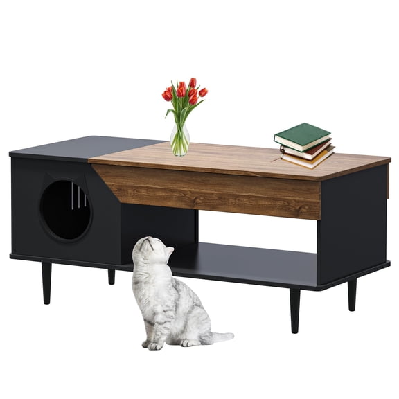 Garvee Hidden Cat Litter Box Enclosure Kitty Litter Box Furniture with Storage Drawer and Metal Legs, 45'' Coffee Table with Cat House for Living Room