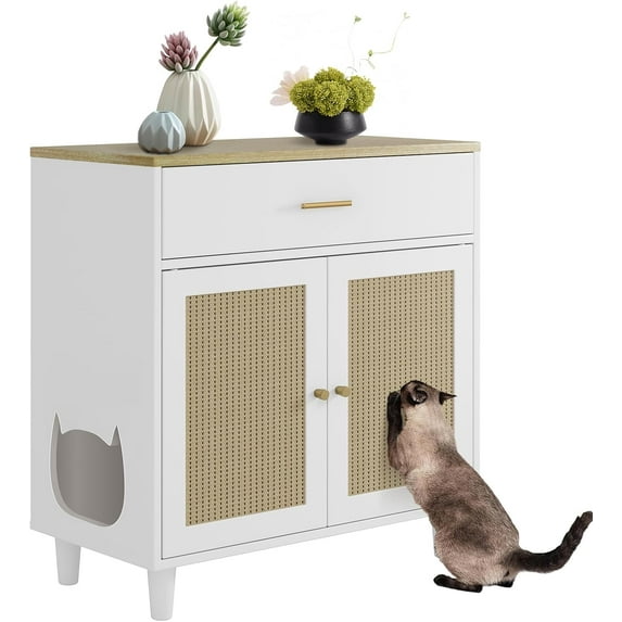 Garvee Hidden Cat Litter Box Furniture with Storage Drawer, Wood Cat Litter Enclosure Cabinet with 2 Sisal Doors, Enclosed Kitty Litter Box, Dog Proof, Home Decor