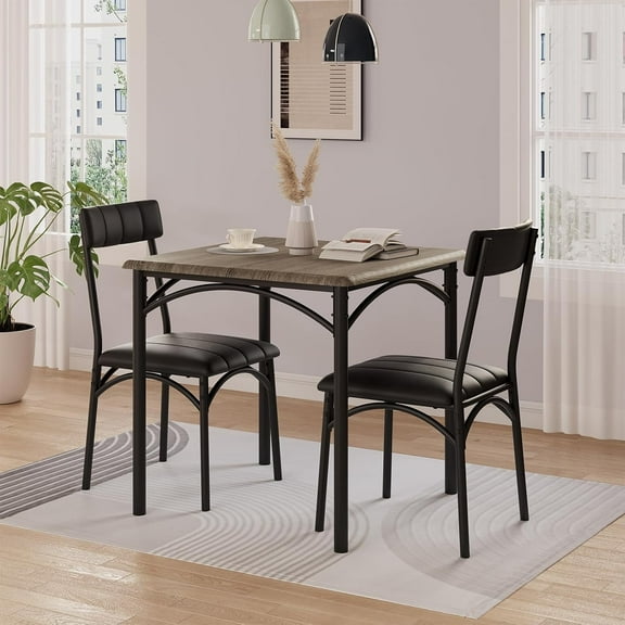 Garvee Home Dining Table Set for 2, Kitchen Table with 2 Upholstered Chairs, Wood Square Dining Table and Chairs Set for Small Space, Apartment, Dinner, Rustic Gray