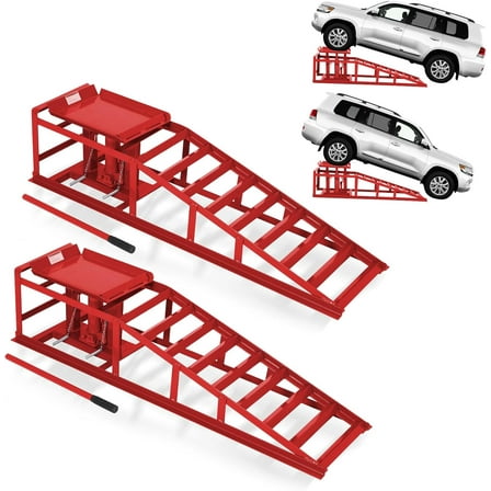 Garvee Hydraulic Car Ramps 2 Pack - 11000Lbs Capacity Low Profile Vehicle Ramps for Oil Changes, Trucks, Trailers & Garage Auto Repair, Heavy Duty Steel Construction, Red