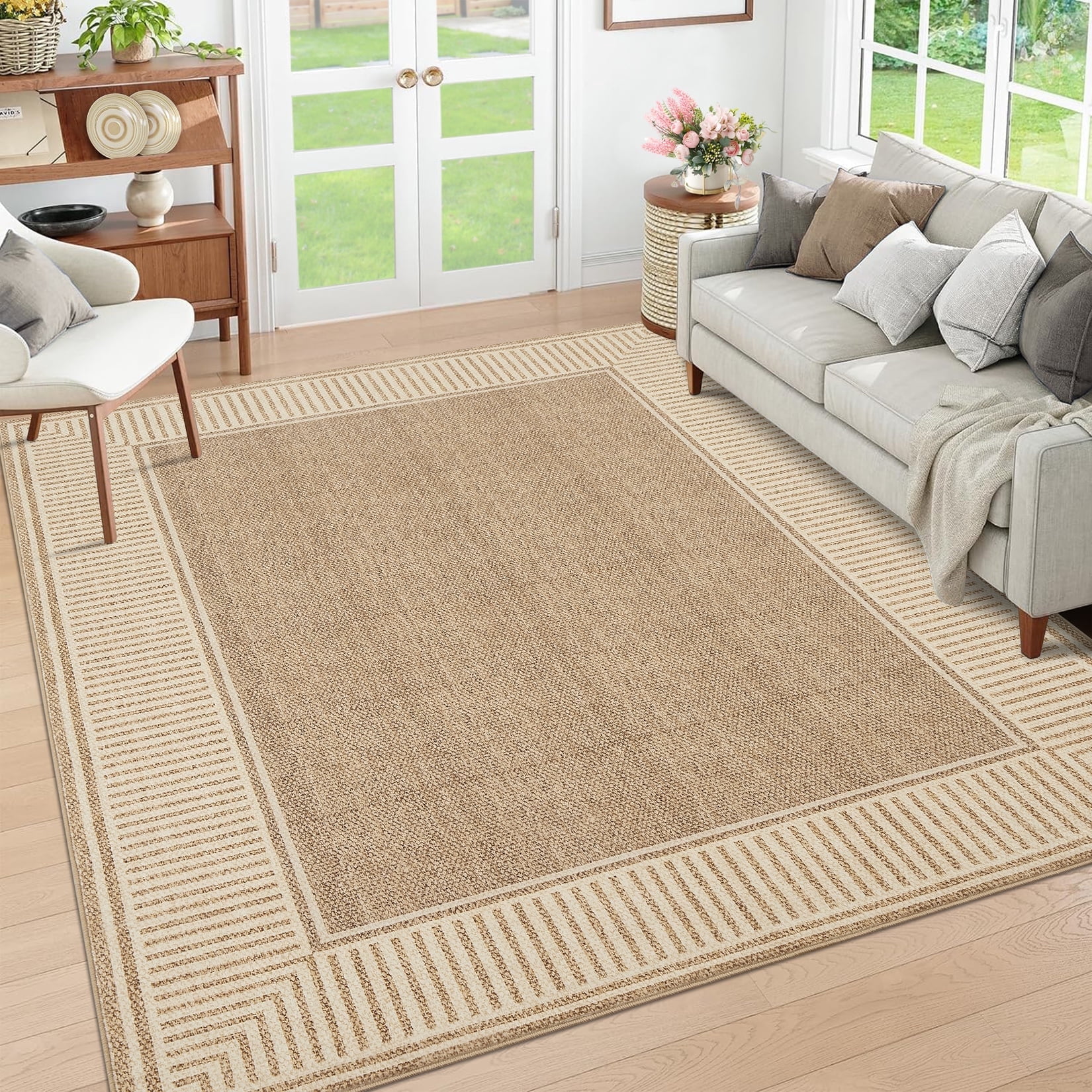 Garvee Indoor Bordered Area Rug, 5'x7' Modern Non Slip Rubber Backing Washable Rug Low Pile Striped Rugs Carpet for Bedroom Living Room Nursery Office, Linen