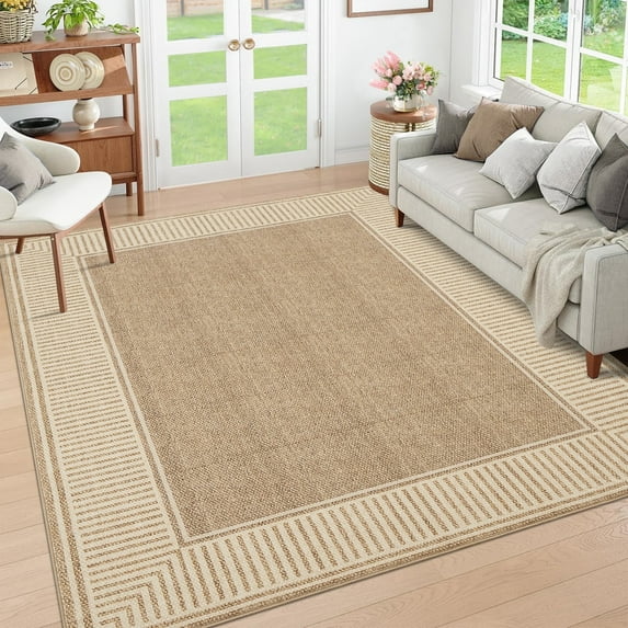 Garvee Indoor Bordered Area Rug, 5'x7' Modern Non Slip Rubber Backing Washable Rug Low Pile Striped Rugs Carpet for Bedroom Living Room Nursery Office, Linen