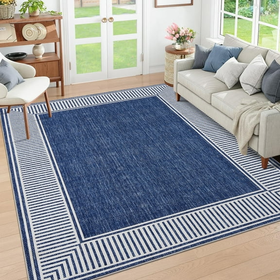 Garvee Indoor Bordered Area Rug, 8'x10' Modern Non Slip Rubber Backing Washable Rug Low Pile Striped Rugs Carpet for Bedroom Living Room Nursery Office, Blue