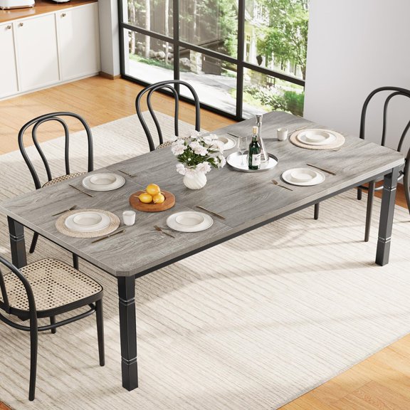 Garvee Industrial Dining Table for 6-8 People, 79 IN Rectangular Wooden Kitchen Table with Strong Metal Frame Long Dining Room Table for Big Family, Black Frame & Grey