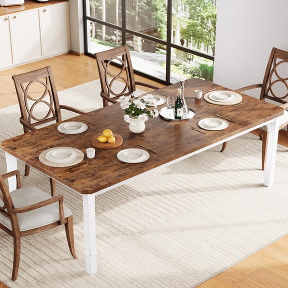 Garvee Industrial Dining Table for 6-8 People, 79 IN Rectangular Wooden Kitchen Table with Strong Metal Frame Long Dining Room Table for Big Family and Home Office, White Frame & Retro