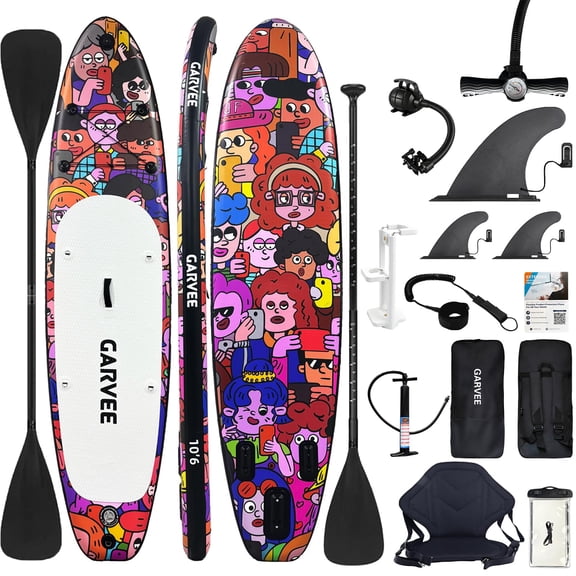 Garvee Inflatable Stand Up Paddle Board 10'6" for Adults, Wide Stable Paddle Boards Set with Paddle, High-Speed Electric Pump, Hand Pump, Soft Seat, Camera Mount, Waterproof Phone Pouch, Fins