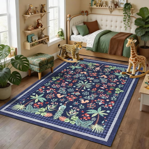 Garvee Jungle Area Rug 5'x7' Animal Print Area Rug, Washable Rug Soft Non Slip Low Pile Botanical Rugs Carpet for Living Room Bedroom Dining Room, Blue