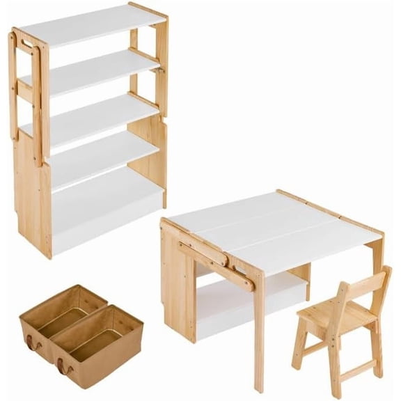 Garvee Kids Art Table and 1 Chair Set, 27.5 in Convertible Toddler Activity Table to Storage Shelves, Craft Play Desk for Kids with 2 Storage Box, Toddler Table and Chair Set for Playrooms