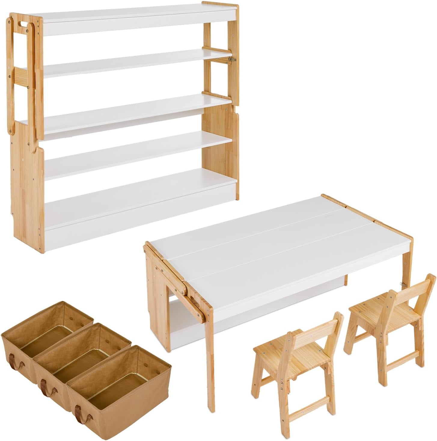 Garvee Kids Art Table with 2 Chairs Set, 47.2IN Convertible Toddler Activity Table to Storage Shelves, Craft Play Desk for Kids with 3 Storage Box, Toddler Table and Chair Set for Playrooms