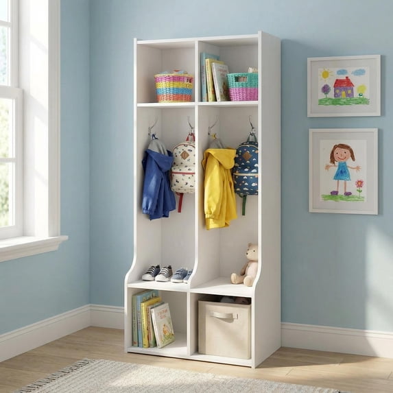 Garvee Kids Coat Locker with 2 Sections – 4 Storage Cubbies and 4 Hooks – Durable Organizer for Home, School, Nursery, Daycare – Easy Access – White Color