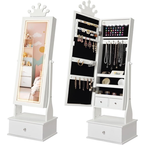 Garvee Kids Jewelry Armoire, Child Jewelry Cabinet with Led Light, 3 Storage Drawers, Girls Vanity Dress Up Jewelry Cabinet with Full-Length Mirror, , White