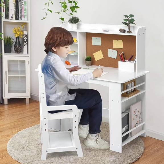 Garvee Kids Study Desk with Chair, Wooden Children Study Table with Bookshelf, Bulletin Board and Cabinets for 3-8 Years Old, Computer Workstation & Writing Table, White