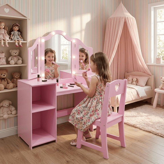 Garvee Kids Vanity Set with Mirror, 2-in-1 Wooden Toddler Vanity Table with Stool, Removable Top, Princess Pretend Play Beauty Makeup Vanity for Little Girls, Pink