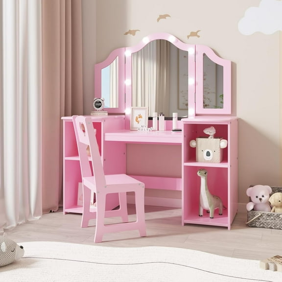 Garvee Kids Vanity Set with Mirror, 2-in-1 Wooden Toddler Vanity Table with Stool, Removable Top, Princess Pretend Play Beauty Makeup Vanity for Little Girls, Pink