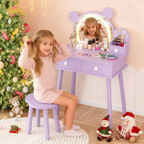 Garvee Kids Vanity Set with Lights, Girls Princess Bear-Shaped Make Up Vanity Desk with Mirro&Stool, Toddler Make Up Table Set for Bedroom, Purple