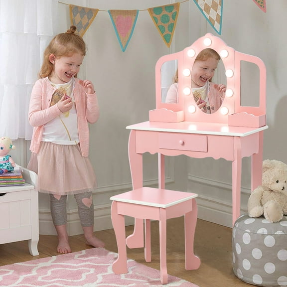 GARVEE Kids Vanity Table Set with Makeup Playset, Pink