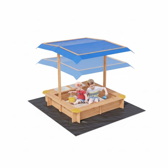 Garvee Kids Wooden Sandbox With 2 Plastic Boxes, Adjustable Canopy, Bottom Liner, 39.3 x 26.7"