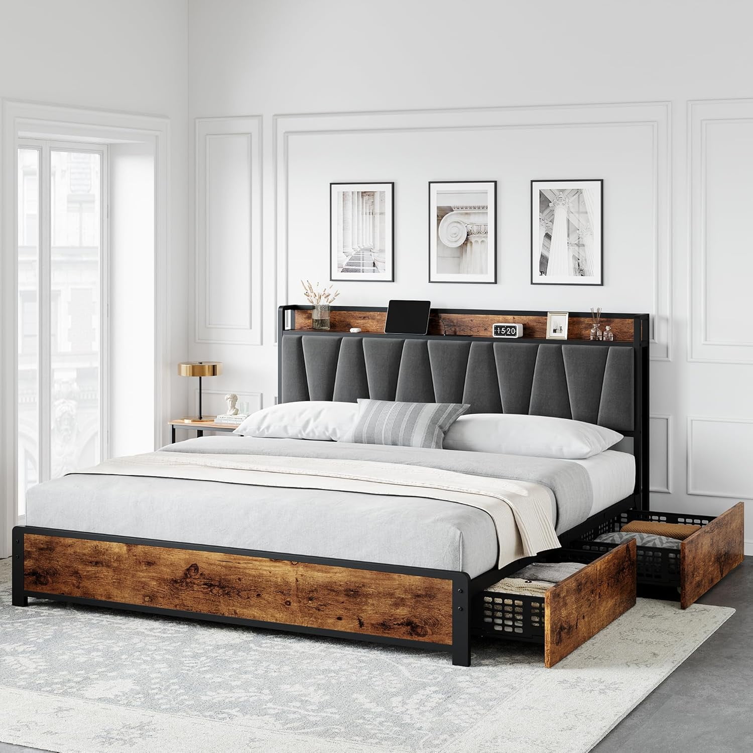 Garvee King Bed Frame with 4 Drawers and Charging Station, Upholstered ...