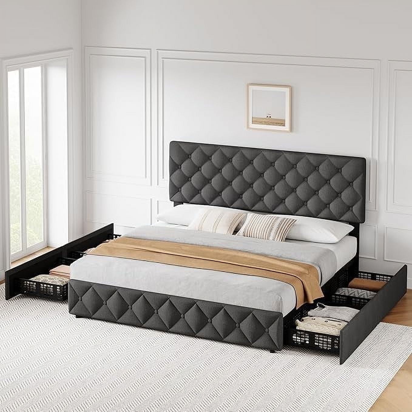 GARVEE King Size Bed Frame, with Adjustable Headboard, 4 Storage Drawers, Gray