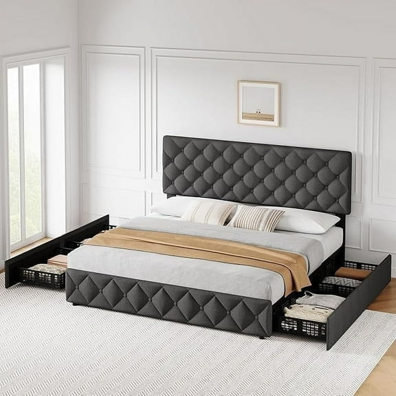 GARVEE King Size Bed Frame, with Adjustable Headboard, 4 Storage Drawers, Gray