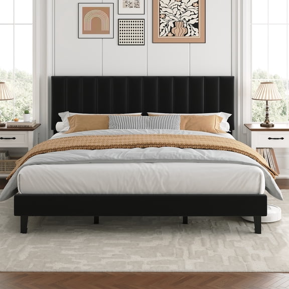 Garvee King Size Bed Frame, Velvet Upholstered Platform Bed with Adjustable Tufted Headboard, No Box Spring Needed, Easy Assembly, Black